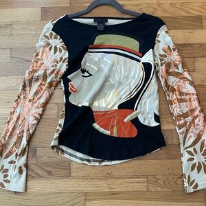 Custo Barcelona Black Top with Cream, Coral and Olive Graphic